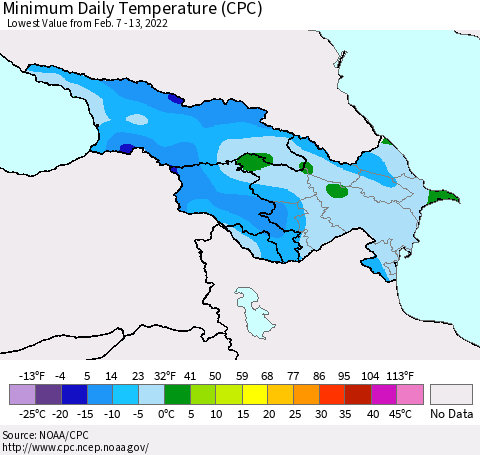 Azerbaijan, Armenia and Georgia Minimum Daily Temperature (CPC) Thematic Map For 2/7/2022 - 2/13/2022