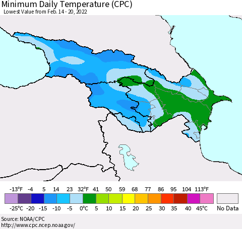 Azerbaijan, Armenia and Georgia Minimum Daily Temperature (CPC) Thematic Map For 2/14/2022 - 2/20/2022