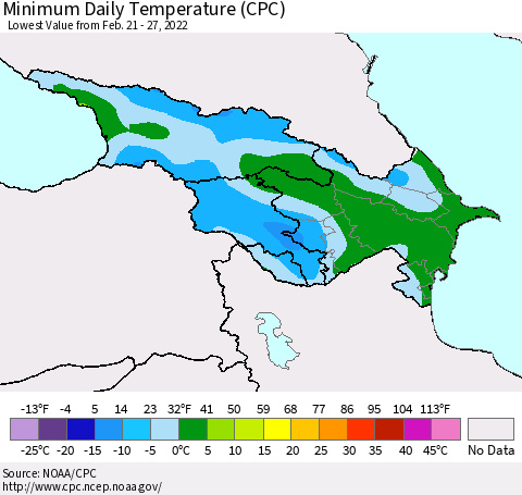 Azerbaijan, Armenia and Georgia Minimum Daily Temperature (CPC) Thematic Map For 2/21/2022 - 2/27/2022