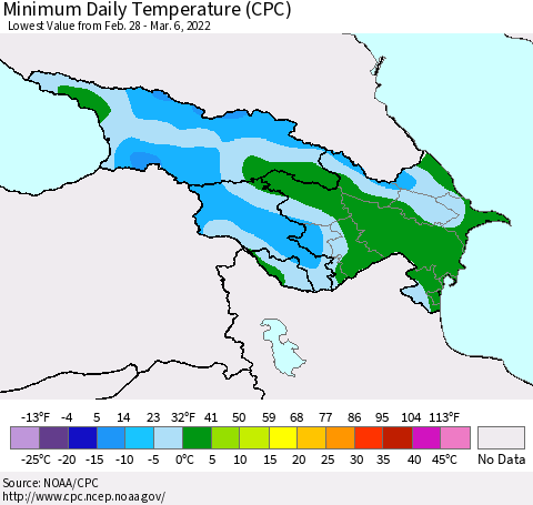 Azerbaijan, Armenia and Georgia Minimum Daily Temperature (CPC) Thematic Map For 2/28/2022 - 3/6/2022