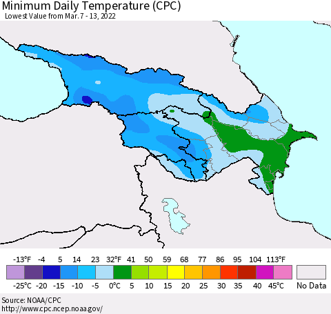 Azerbaijan, Armenia and Georgia Minimum Daily Temperature (CPC) Thematic Map For 3/7/2022 - 3/13/2022