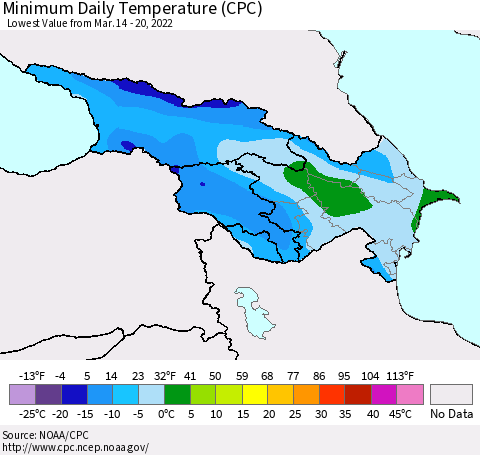 Azerbaijan, Armenia and Georgia Minimum Daily Temperature (CPC) Thematic Map For 3/14/2022 - 3/20/2022