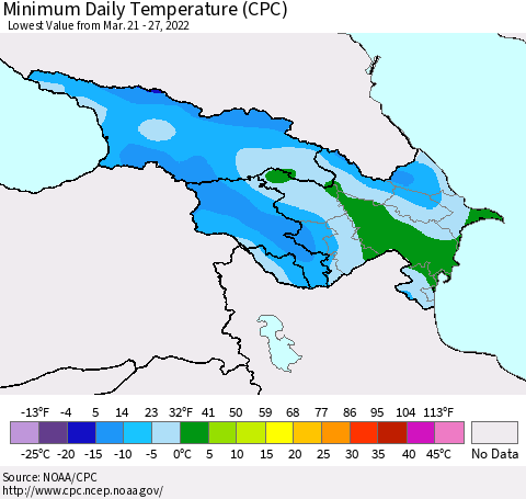 Azerbaijan, Armenia and Georgia Minimum Daily Temperature (CPC) Thematic Map For 3/21/2022 - 3/27/2022