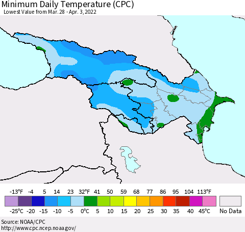 Azerbaijan, Armenia and Georgia Minimum Daily Temperature (CPC) Thematic Map For 3/28/2022 - 4/3/2022