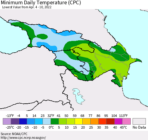 Azerbaijan, Armenia and Georgia Minimum Daily Temperature (CPC) Thematic Map For 4/4/2022 - 4/10/2022