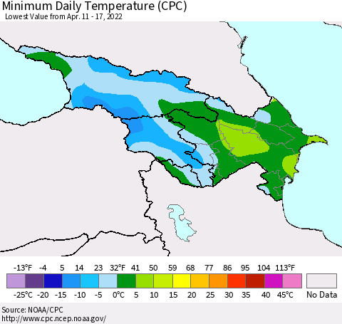 Azerbaijan, Armenia and Georgia Minimum Daily Temperature (CPC) Thematic Map For 4/11/2022 - 4/17/2022