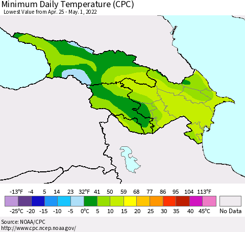 Azerbaijan, Armenia and Georgia Minimum Daily Temperature (CPC) Thematic Map For 4/25/2022 - 5/1/2022