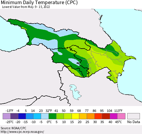 Azerbaijan, Armenia and Georgia Minimum Daily Temperature (CPC) Thematic Map For 5/9/2022 - 5/15/2022
