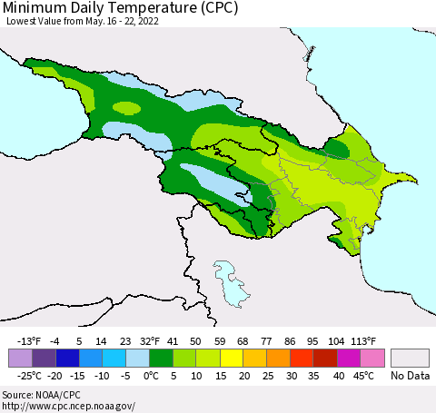 Azerbaijan, Armenia and Georgia Minimum Daily Temperature (CPC) Thematic Map For 5/16/2022 - 5/22/2022