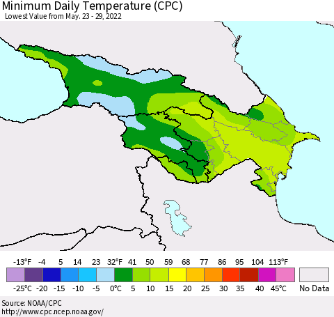 Azerbaijan, Armenia and Georgia Minimum Daily Temperature (CPC) Thematic Map For 5/23/2022 - 5/29/2022