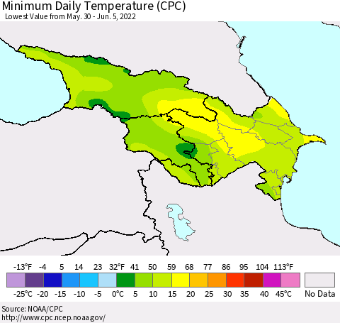 Azerbaijan, Armenia and Georgia Minimum Daily Temperature (CPC) Thematic Map For 5/30/2022 - 6/5/2022