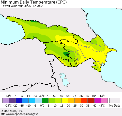 Azerbaijan, Armenia and Georgia Minimum Daily Temperature (CPC) Thematic Map For 6/6/2022 - 6/12/2022