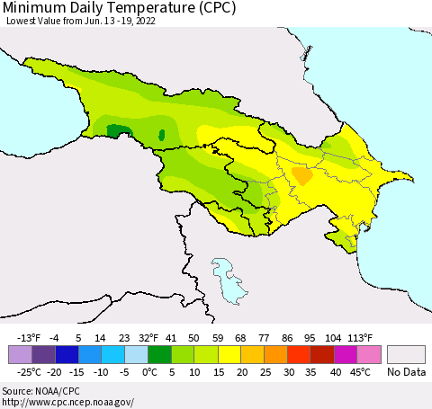 Azerbaijan, Armenia and Georgia Minimum Daily Temperature (CPC) Thematic Map For 6/13/2022 - 6/19/2022