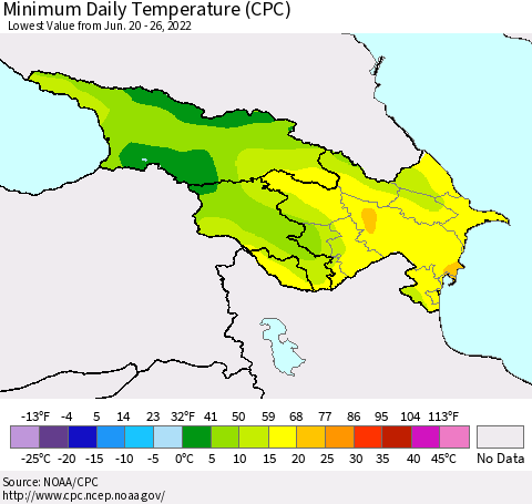 Azerbaijan, Armenia and Georgia Minimum Daily Temperature (CPC) Thematic Map For 6/20/2022 - 6/26/2022