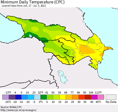 Azerbaijan, Armenia and Georgia Minimum Daily Temperature (CPC) Thematic Map For 6/27/2022 - 7/3/2022