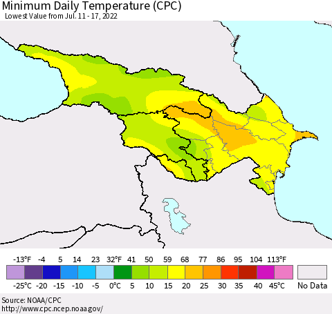 Azerbaijan, Armenia and Georgia Minimum Daily Temperature (CPC) Thematic Map For 7/11/2022 - 7/17/2022