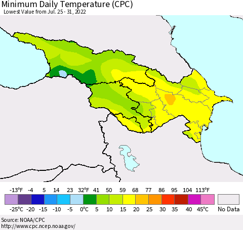 Azerbaijan, Armenia and Georgia Minimum Daily Temperature (CPC) Thematic Map For 7/25/2022 - 7/31/2022