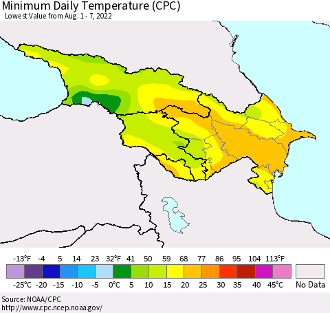 Azerbaijan, Armenia and Georgia Minimum Daily Temperature (CPC) Thematic Map For 8/1/2022 - 8/7/2022