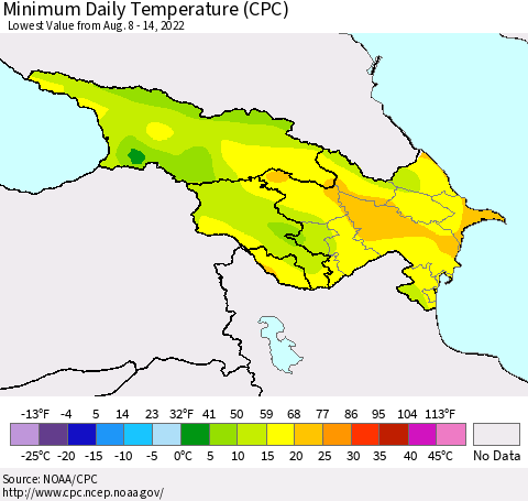 Azerbaijan, Armenia and Georgia Minimum Daily Temperature (CPC) Thematic Map For 8/8/2022 - 8/14/2022