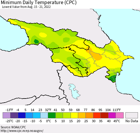 Azerbaijan, Armenia and Georgia Minimum Daily Temperature (CPC) Thematic Map For 8/15/2022 - 8/21/2022