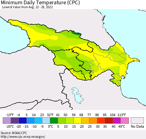 Azerbaijan, Armenia and Georgia Minimum Daily Temperature (CPC) Thematic Map For 8/22/2022 - 8/28/2022
