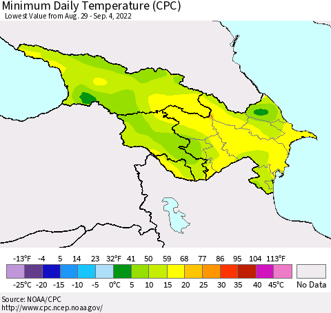 Azerbaijan, Armenia and Georgia Minimum Daily Temperature (CPC) Thematic Map For 8/29/2022 - 9/4/2022