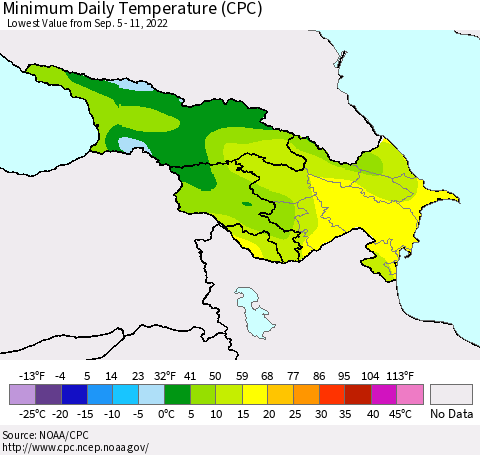 Azerbaijan, Armenia and Georgia Minimum Daily Temperature (CPC) Thematic Map For 9/5/2022 - 9/11/2022
