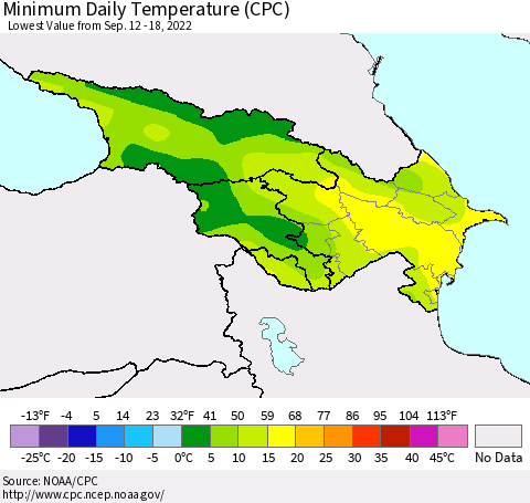 Azerbaijan, Armenia and Georgia Minimum Daily Temperature (CPC) Thematic Map For 9/12/2022 - 9/18/2022