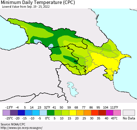 Azerbaijan, Armenia and Georgia Minimum Daily Temperature (CPC) Thematic Map For 9/19/2022 - 9/25/2022