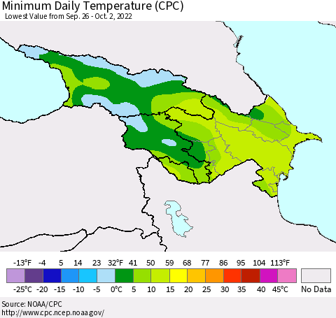 Azerbaijan, Armenia and Georgia Minimum Daily Temperature (CPC) Thematic Map For 9/26/2022 - 10/2/2022