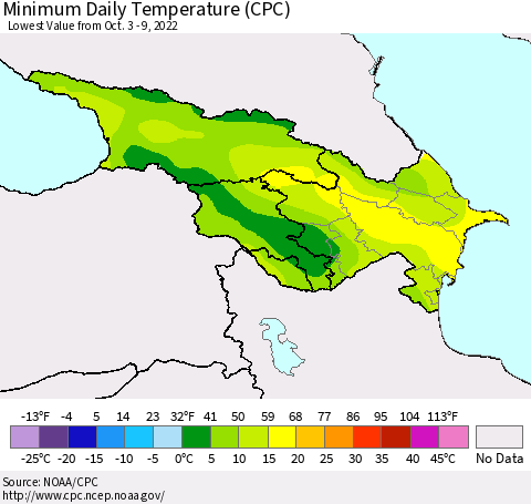 Azerbaijan, Armenia and Georgia Minimum Daily Temperature (CPC) Thematic Map For 10/3/2022 - 10/9/2022