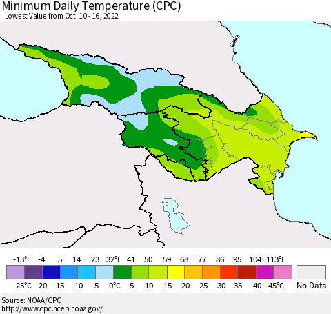 Azerbaijan, Armenia and Georgia Minimum Daily Temperature (CPC) Thematic Map For 10/10/2022 - 10/16/2022
