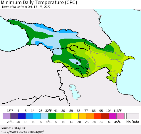 Azerbaijan, Armenia and Georgia Minimum Daily Temperature (CPC) Thematic Map For 10/17/2022 - 10/23/2022