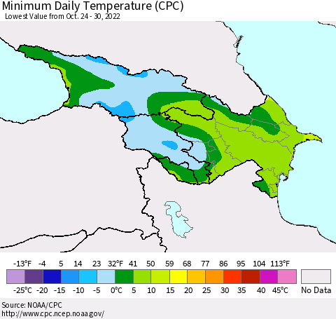 Azerbaijan, Armenia and Georgia Minimum Daily Temperature (CPC) Thematic Map For 10/24/2022 - 10/30/2022