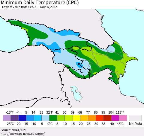 Azerbaijan, Armenia and Georgia Minimum Daily Temperature (CPC) Thematic Map For 10/31/2022 - 11/6/2022