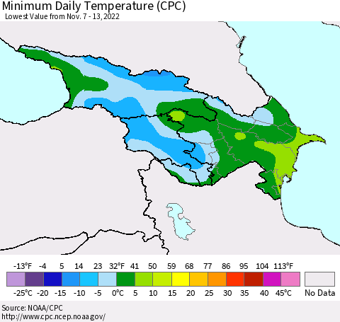 Azerbaijan, Armenia and Georgia Minimum Daily Temperature (CPC) Thematic Map For 11/7/2022 - 11/13/2022