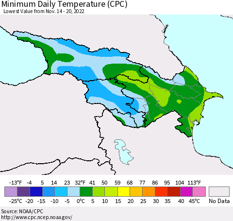 Azerbaijan, Armenia and Georgia Minimum Daily Temperature (CPC) Thematic Map For 11/14/2022 - 11/20/2022