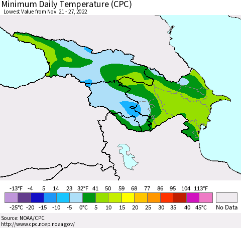 Azerbaijan, Armenia and Georgia Minimum Daily Temperature (CPC) Thematic Map For 11/21/2022 - 11/27/2022