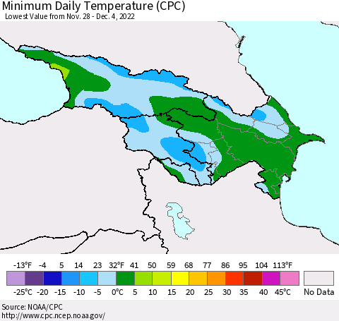 Azerbaijan, Armenia and Georgia Minimum Daily Temperature (CPC) Thematic Map For 11/28/2022 - 12/4/2022