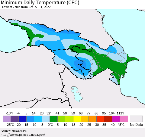 Azerbaijan, Armenia and Georgia Minimum Daily Temperature (CPC) Thematic Map For 12/5/2022 - 12/11/2022