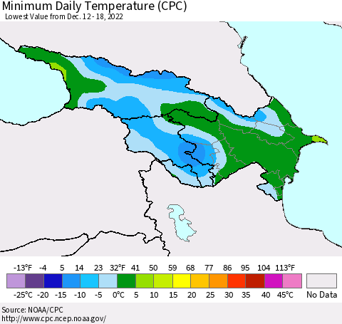 Azerbaijan, Armenia and Georgia Minimum Daily Temperature (CPC) Thematic Map For 12/12/2022 - 12/18/2022
