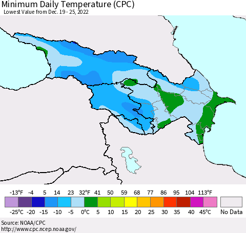 Azerbaijan, Armenia and Georgia Minimum Daily Temperature (CPC) Thematic Map For 12/19/2022 - 12/25/2022