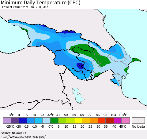 Azerbaijan, Armenia and Georgia Minimum Daily Temperature (CPC) Thematic Map For 1/2/2023 - 1/8/2023