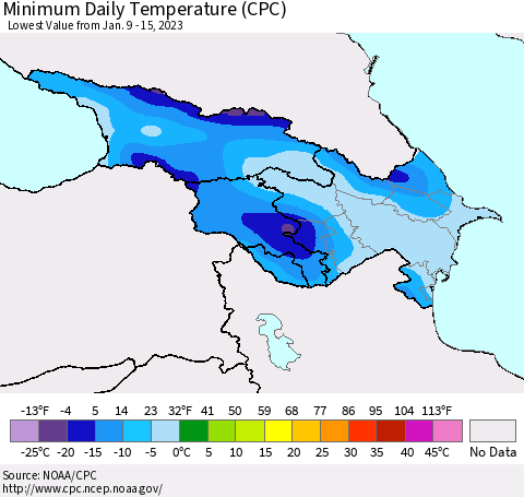 Azerbaijan, Armenia and Georgia Minimum Daily Temperature (CPC) Thematic Map For 1/9/2023 - 1/15/2023