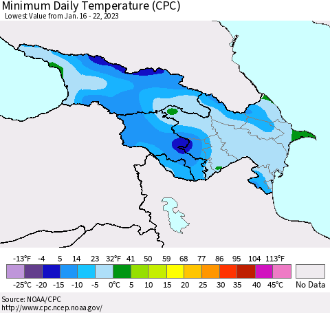 Azerbaijan, Armenia and Georgia Minimum Daily Temperature (CPC) Thematic Map For 1/16/2023 - 1/22/2023