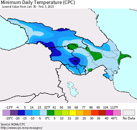 Azerbaijan, Armenia and Georgia Minimum Daily Temperature (CPC) Thematic Map For 1/30/2023 - 2/5/2023
