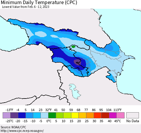 Azerbaijan, Armenia and Georgia Minimum Daily Temperature (CPC) Thematic Map For 2/6/2023 - 2/12/2023