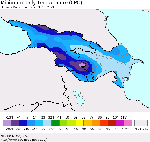 Azerbaijan, Armenia and Georgia Minimum Daily Temperature (CPC) Thematic Map For 2/13/2023 - 2/19/2023