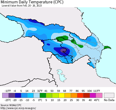 Azerbaijan, Armenia and Georgia Minimum Daily Temperature (CPC) Thematic Map For 2/20/2023 - 2/26/2023