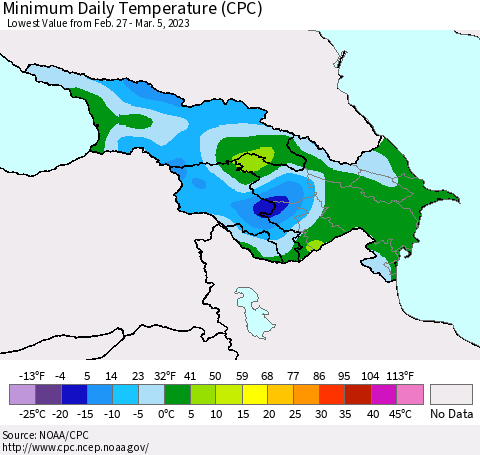 Azerbaijan, Armenia and Georgia Minimum Daily Temperature (CPC) Thematic Map For 2/27/2023 - 3/5/2023